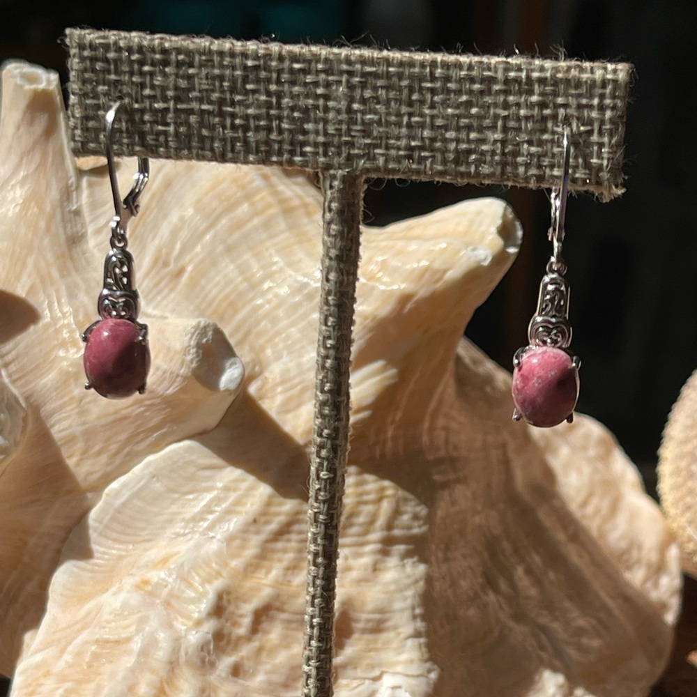 Pink Rhodonite Stone Drop sterling, silver earring,
